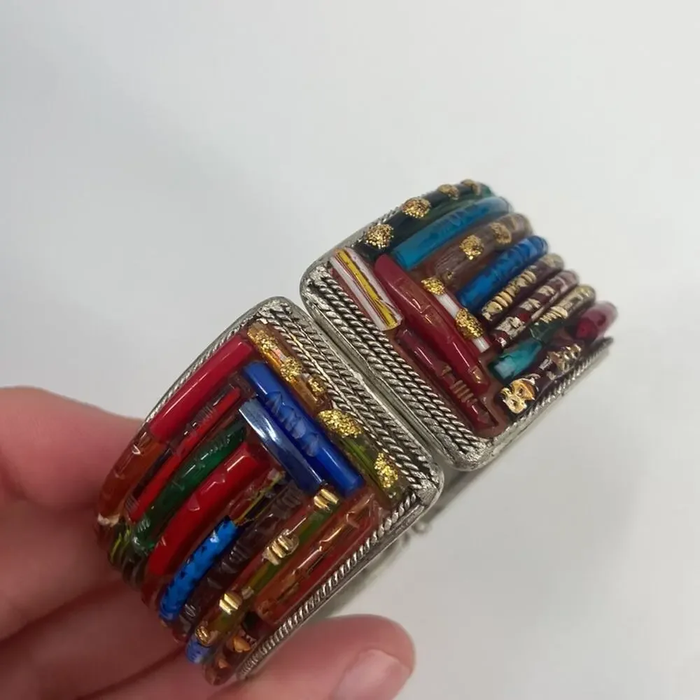 Mosaic Style Multicolored Art Glass Overlay Clamper bracelet